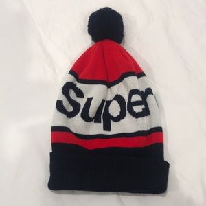 SUPERDRY pom Pom knit beanie red, white, and navy
